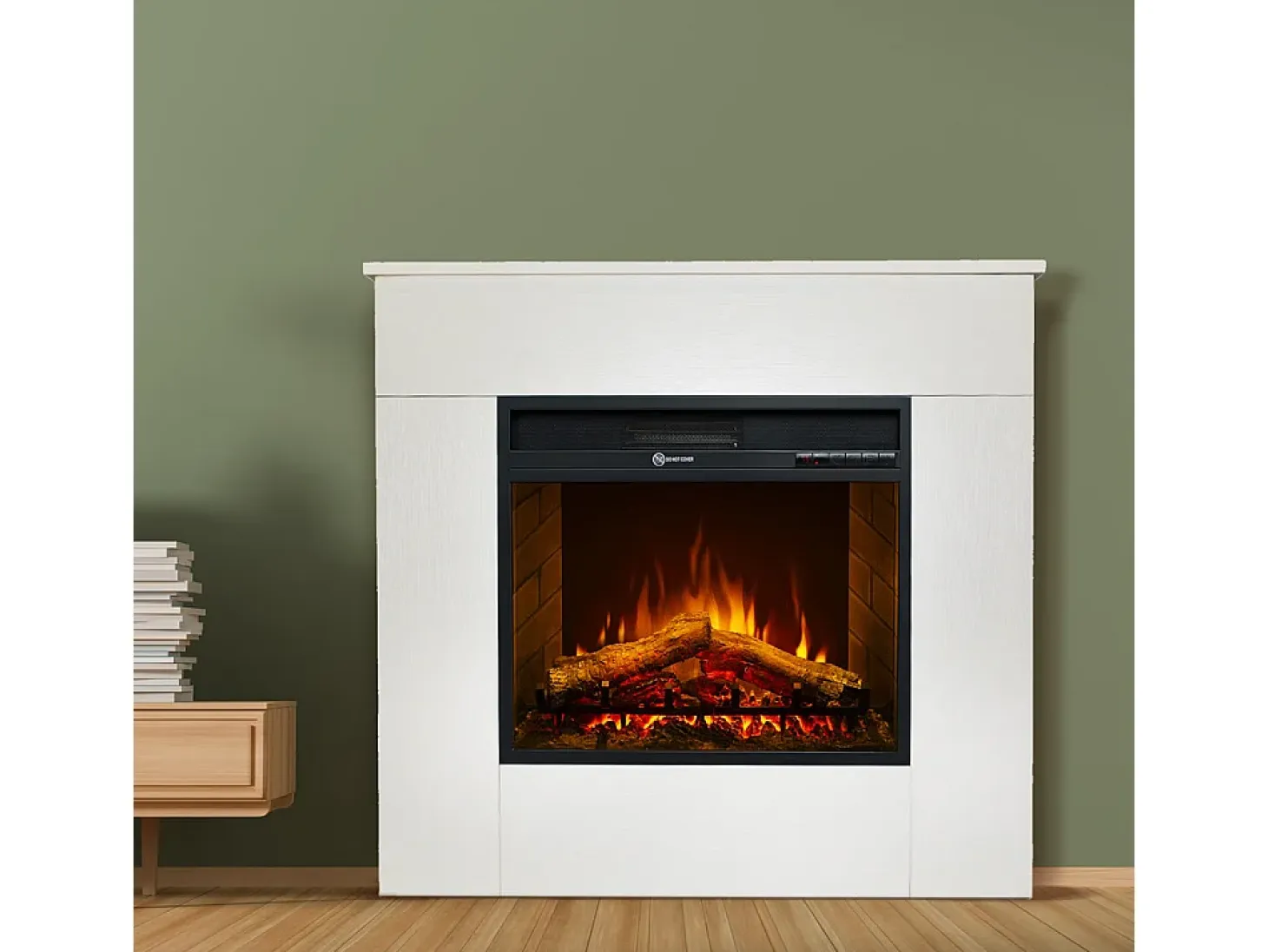 Chimenea eléctrica de pie, madera blanca, fabricada en Italia, MICHELANGELO, 96x36x90h