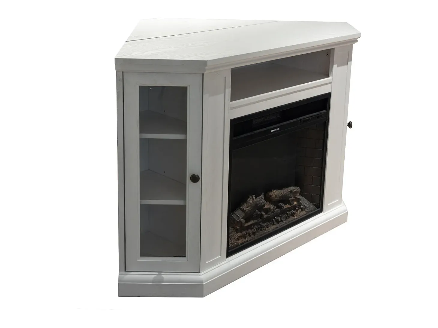 Chimenea eléctrica de pie esquinera MADISON en madera blanca, L126 x P78 x H83