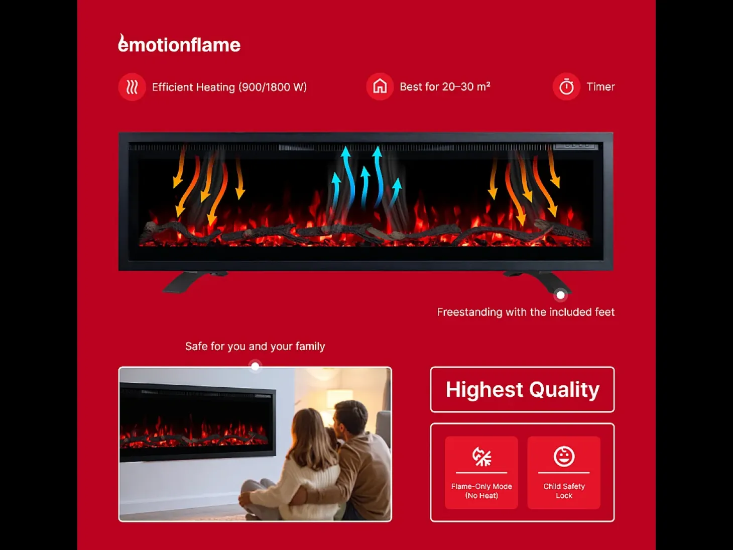 Chimenea eléctrica REGAL 106 - fuego premium - de pared y empotrados - 106x35x12 cm - chimenea LED decorativa con calefacción 900/1800 W