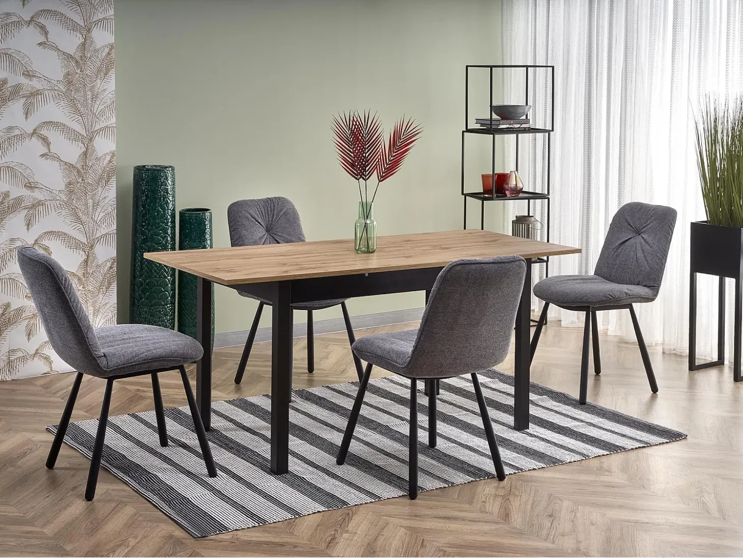 124-168cm mesa de comedor de estilo industrial con tablero chapado en roble y hoja extensible CENTAURE