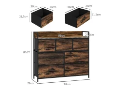 Cómoda, armario, mueble de almacenaje, 5 cajones de tela con tiradores, estructura de metal, color marrón