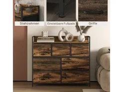 Cómoda, armario, mueble de almacenaje, 5 cajones de tela con tiradores, estructura de metal, color marrón