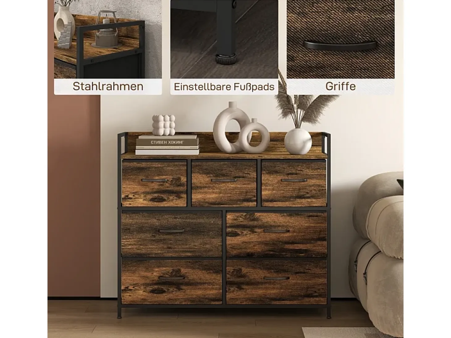 Cómoda, armario, mueble de almacenaje, 5 cajones de tela con tiradores, estructura de metal, color marrón