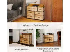 Cómoda, armario, mueble de almacenaje, 5 cajones de tela con tiradores, estructura de metal, color marrón