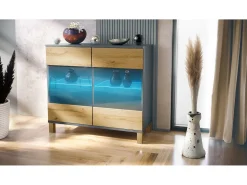 Cómoda Bari V3 Edición Madera, Moderno armario de cocina con 2 grandes puertas de cristal antracita mate / roble natural (92,5 x 84,5 x 35)