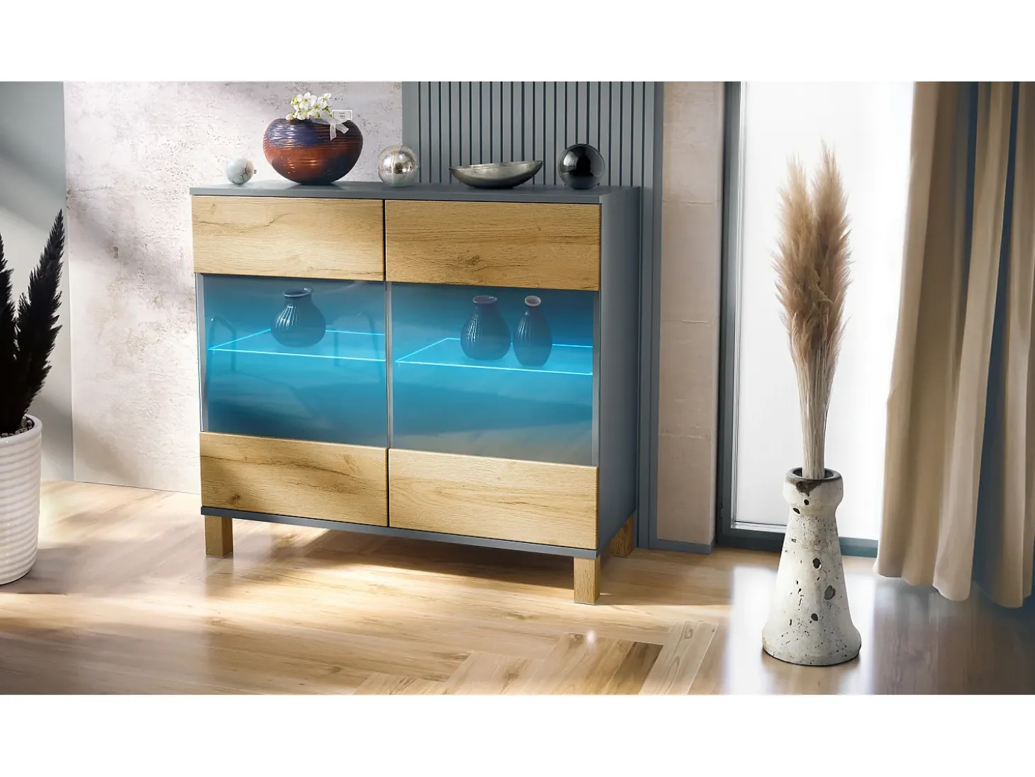 Cómoda Bari V3 Edición Madera, Moderno armario de cocina con 2 grandes puertas de cristal antracita mate / roble natural (92,5 x 84,5 x 35)