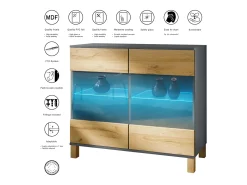 Cómoda Bari V3 Edición Madera, Moderno armario de cocina con 2 grandes puertas de cristal antracita mate / roble natural (92,5 x 84,5 x 35)