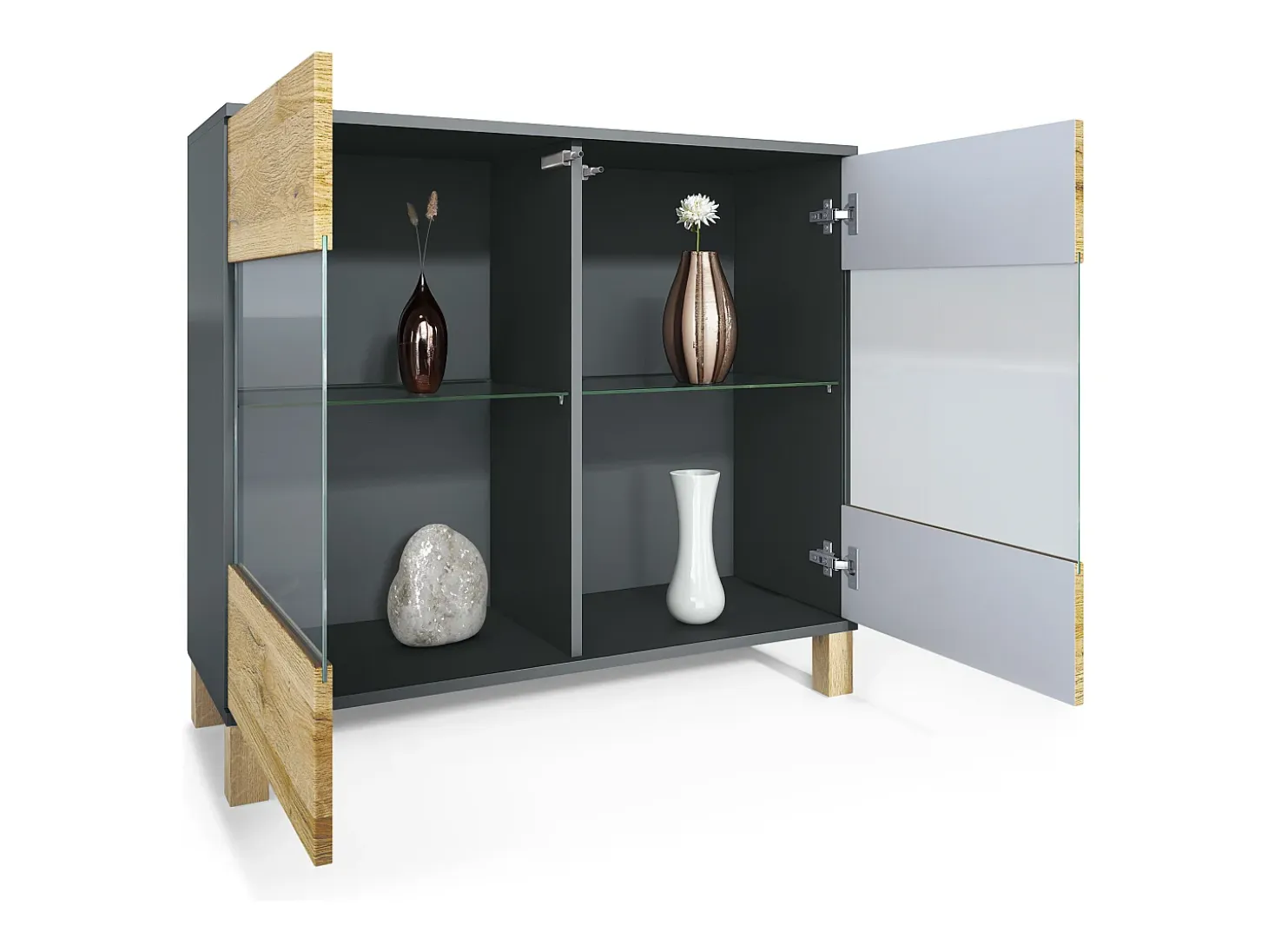 Cómoda Bari V3 Edición Madera, Moderno armario de cocina con 2 grandes puertas de cristal antracita mate / roble natural (92,5 x 84,5 x 35)