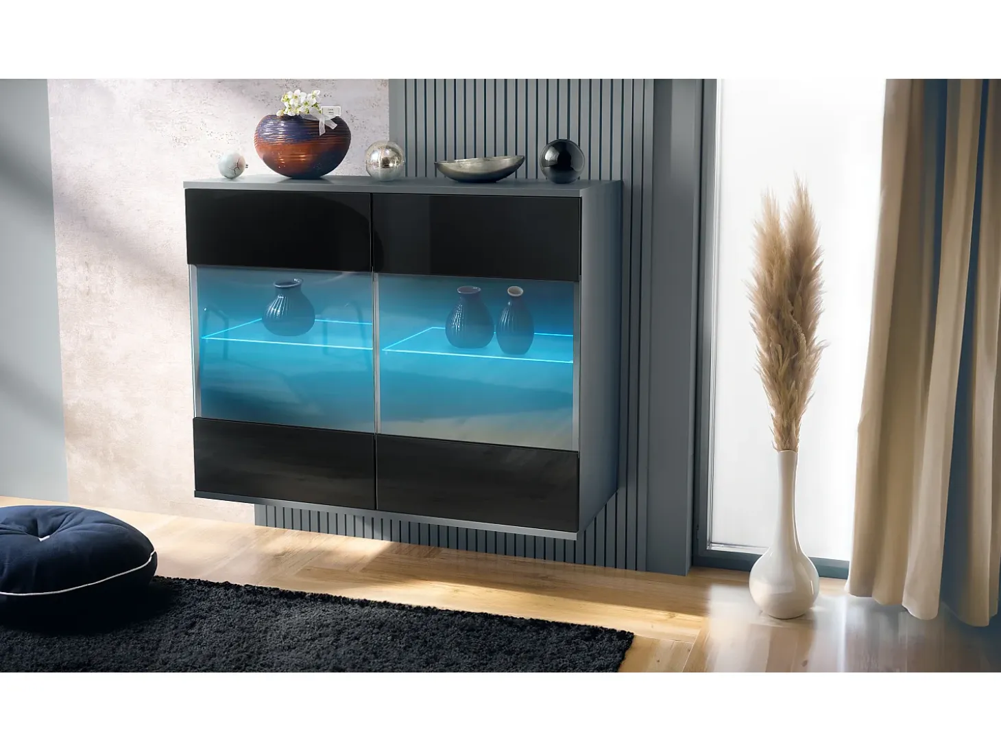 Cómoda Bari V3, Moderno armario de cocina con 2 grandes puertas de cristal incl. iluminación RGB antracita mate / negro de alto brillo (92,5 x 73.5 x 35)