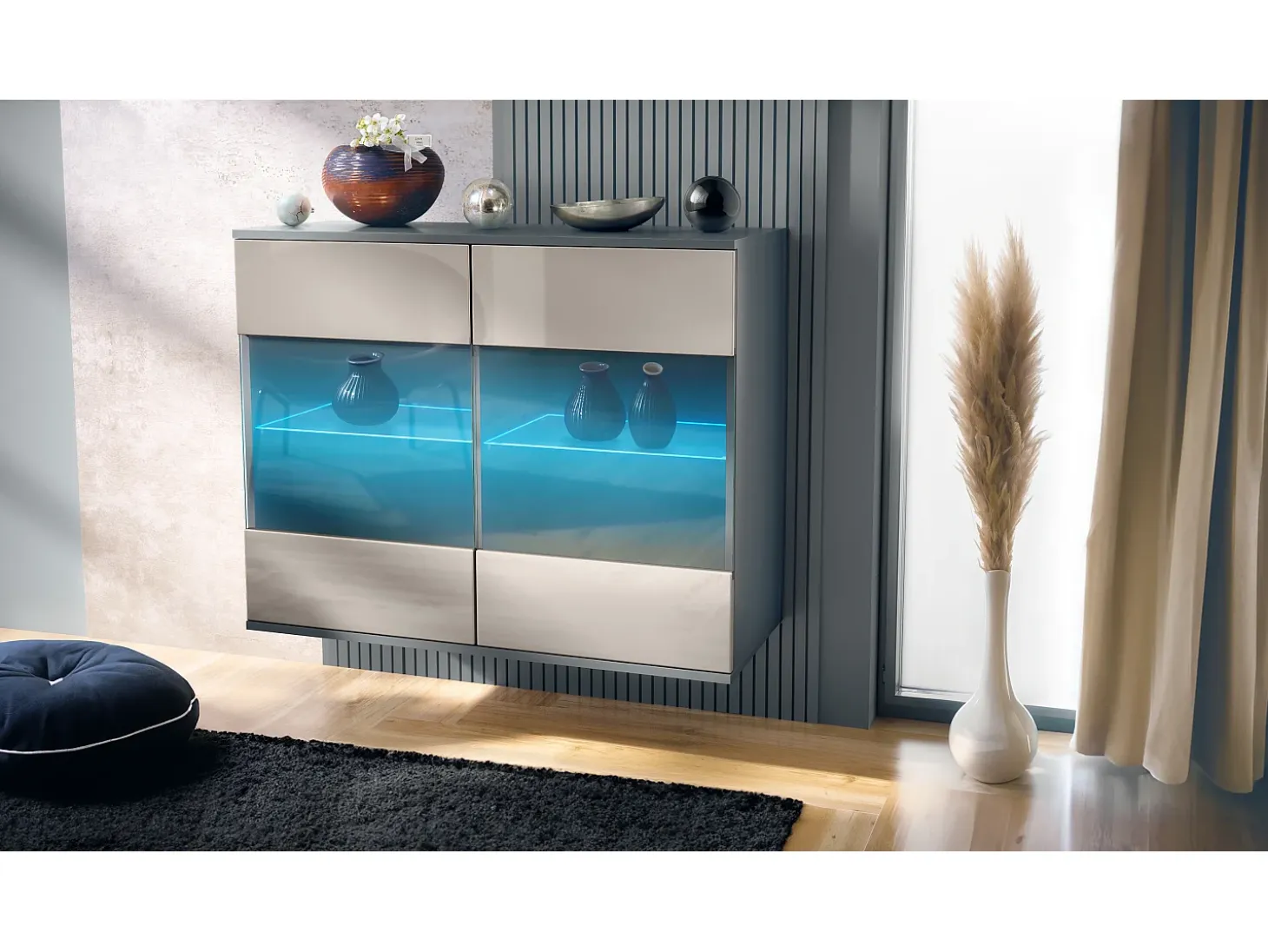 Cómoda Bari V3, Moderno armario de cocina con 2 grandes puertas de cristal incl. iluminación RGB antracita mate / gris arena de alto brillo (92,5 x 73.5 x 35)