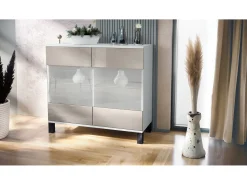 Cómoda Bari V3, Moderno armario de cocina con 2 grandes puertas de cristal blanco mate / gris arena de alto brillo (92,5 x 84.5 x 35)