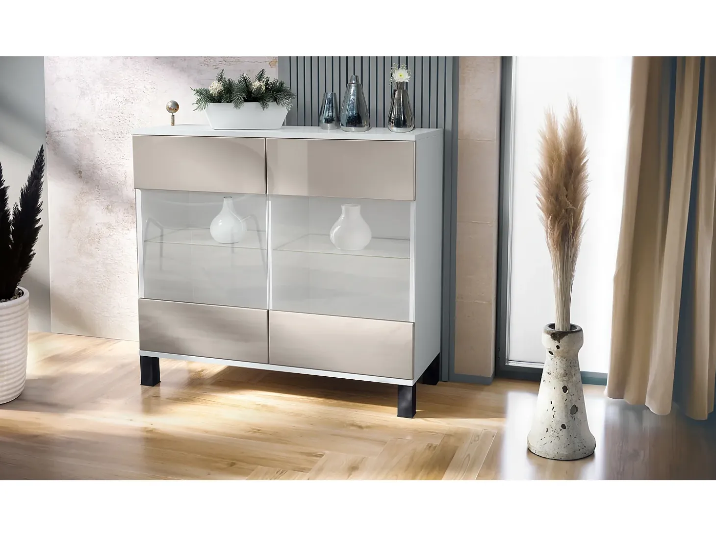 Cómoda Bari V3, Moderno armario de cocina con 2 grandes puertas de cristal blanco mate / gris arena de alto brillo (92,5 x 84.5 x 35)