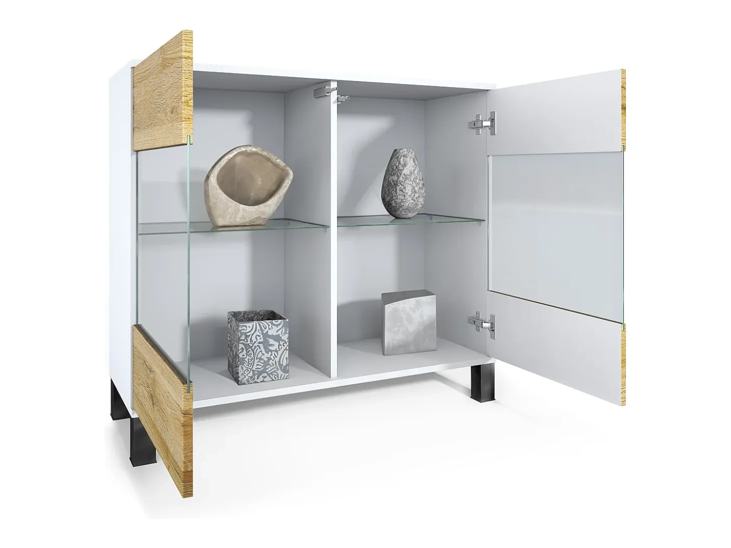 Cómoda Bari V3, Moderno armario de cocina con 2 grandes puertas de cristal blanco mate / gris arena de alto brillo (92,5 x 84.5 x 35)