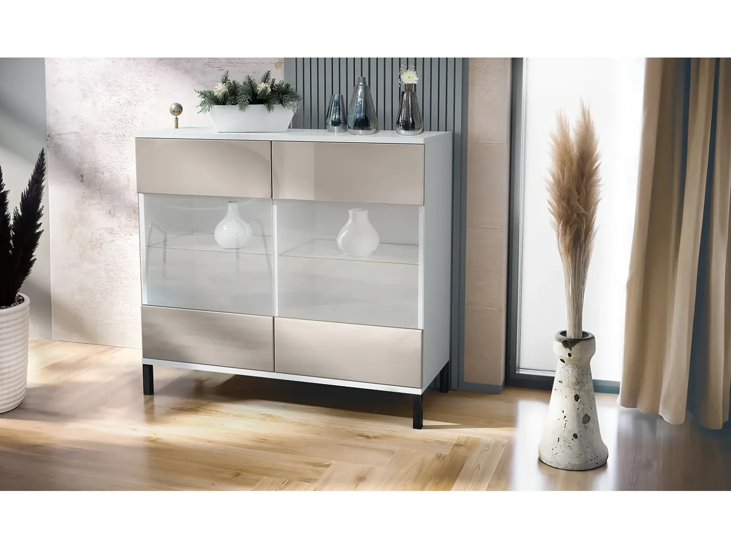 Cómoda Bari V3, Moderno armario de cocina con 2 grandes puertas de cristal blanco mate / gris arena de alto brillo (92,5 x 83.5 x 35)
