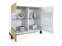 Cómoda Bari V3, Moderno armario de cocina con 2 grandes puertas de cristal incl. iluminación RGB blanco mate / gris de alto brillo (92,5 x 84.5 x 35)