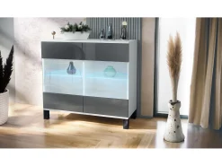 Cómoda Bari V3, Moderno armario de cocina con 2 grandes puertas de cristal incl. iluminación RGB blanco mate / gris de alto brillo (92,5 x 84.5 x 35)