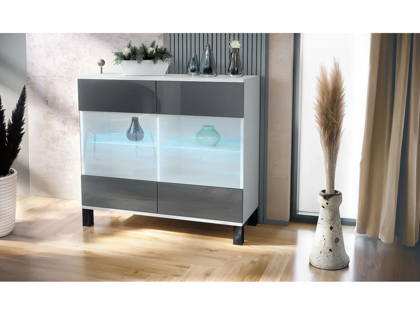 Cómoda Bari V3, Moderno armario de cocina con 2 grandes puertas de cristal incl. iluminación RGB blanco mate / gris de alto brillo (92,5 x 84.5 x 35)