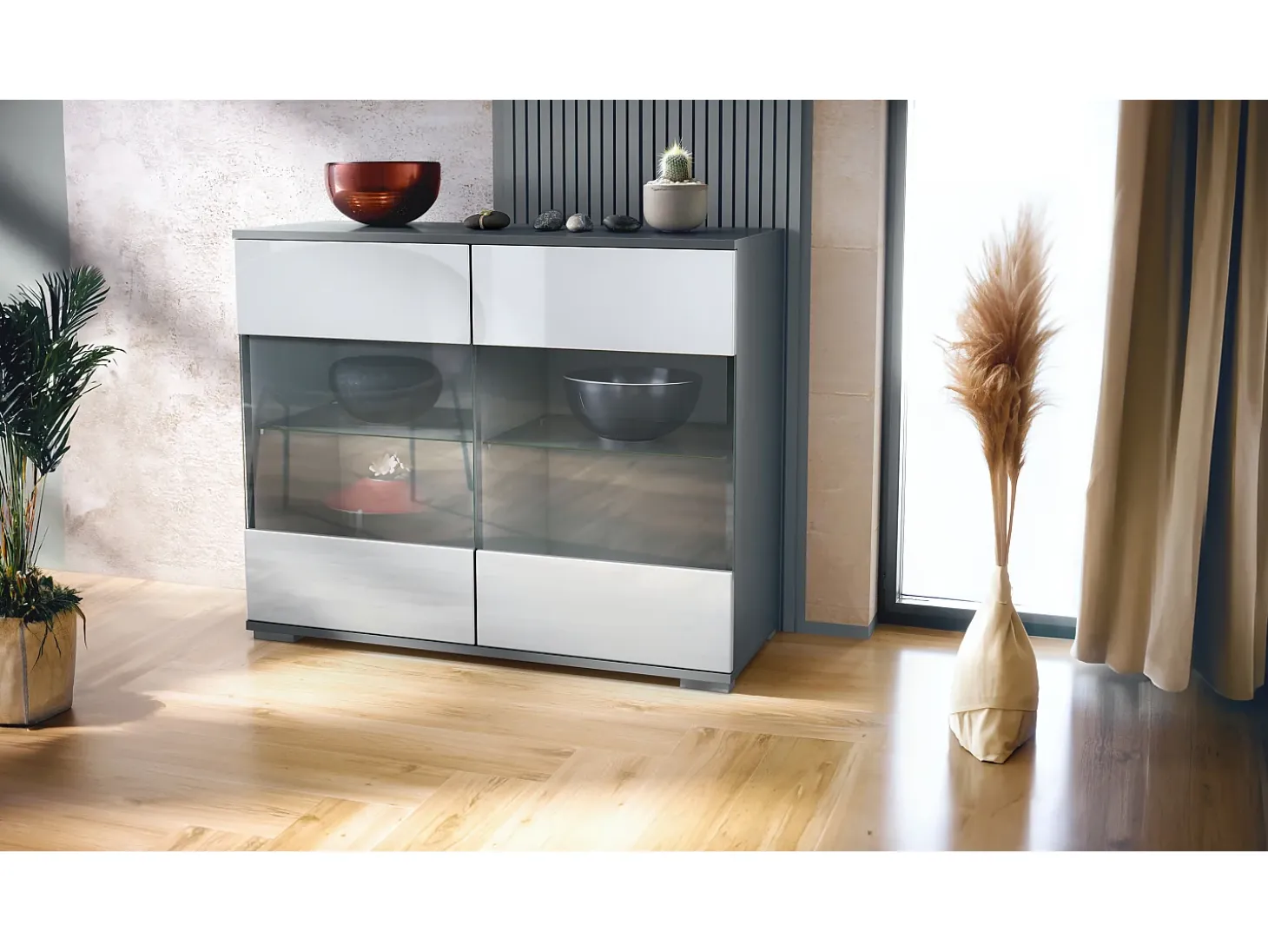 Cómoda Bari V3, Moderno armario de cocina con 2 grandes puertas de cristal antracita mate / blanco de alto brillo (92,5 x 75.5 x 35)