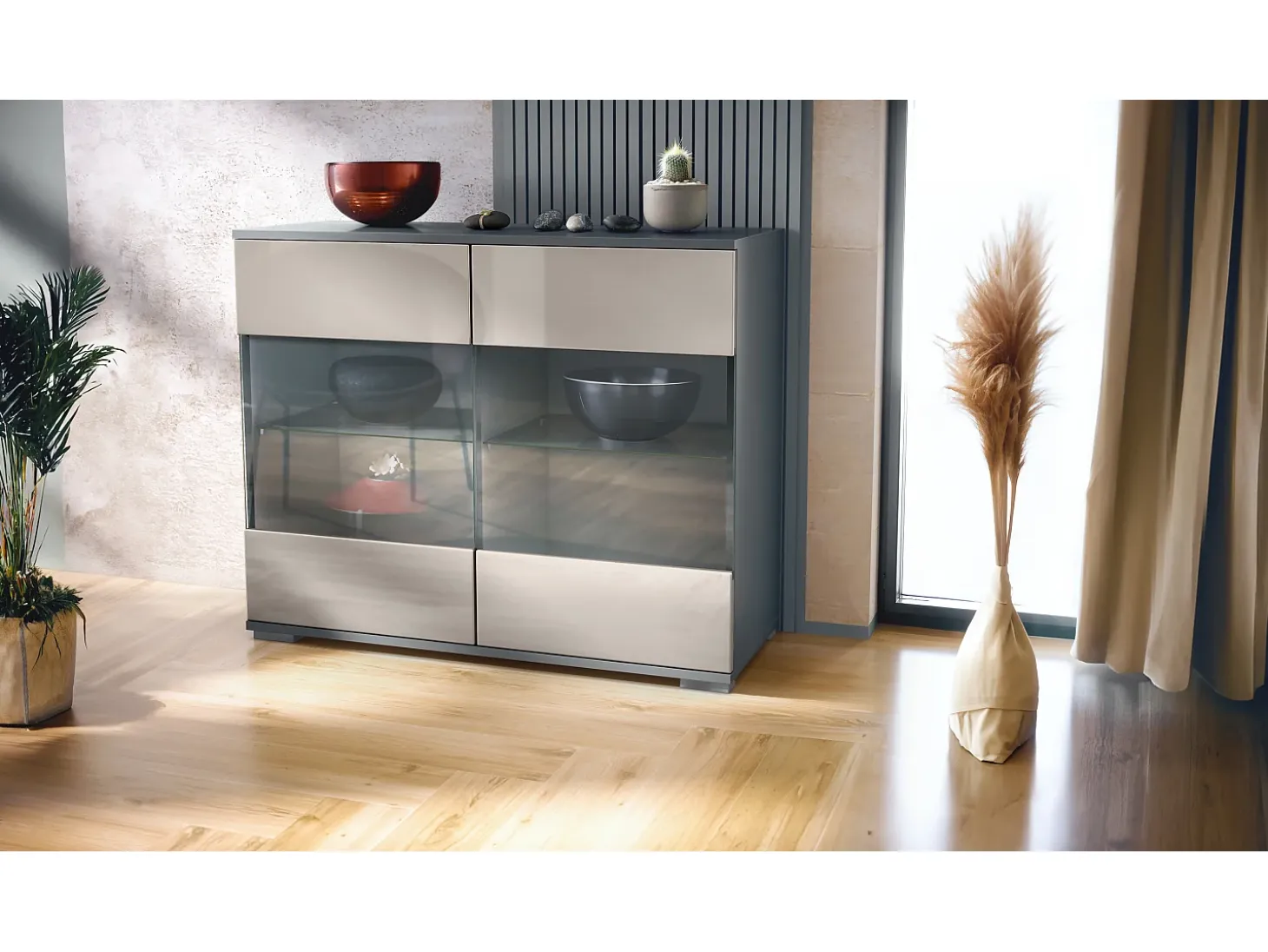 Cómoda Bari V3, Moderno armario de cocina con 2 grandes puertas de cristal antracita mate / gris arena de alto brillo (92,5 x 75.5 x 35)
