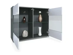 Cómoda Bari V3, Moderno armario de cocina con 2 grandes puertas de cristal antracita mate / gris arena de alto brillo (92,5 x 75.5 x 35)