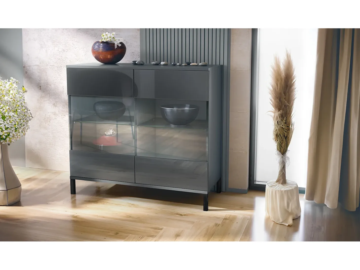 Cómoda Bari V3, Moderno armario de cocina con 2 grandes puertas de cristal antracita mate / gris de alto brillo (92,5 x 83.5 x 35)