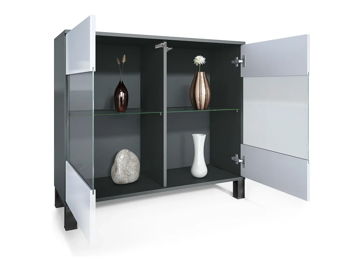Cómoda Bari V3, Moderno armario de cocina con 2 grandes puertas de cristal incl. iluminación RGB antracita mate / crema de alto brillo (92,5 x 84.5 x 35)