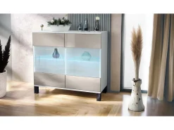 Cómoda Bari V3, Moderno armario de cocina con 2 grandes puertas de cristal incl. iluminación RGB blanco mate / gris arena de alto brillo (92,5 x 84.5 x 35)