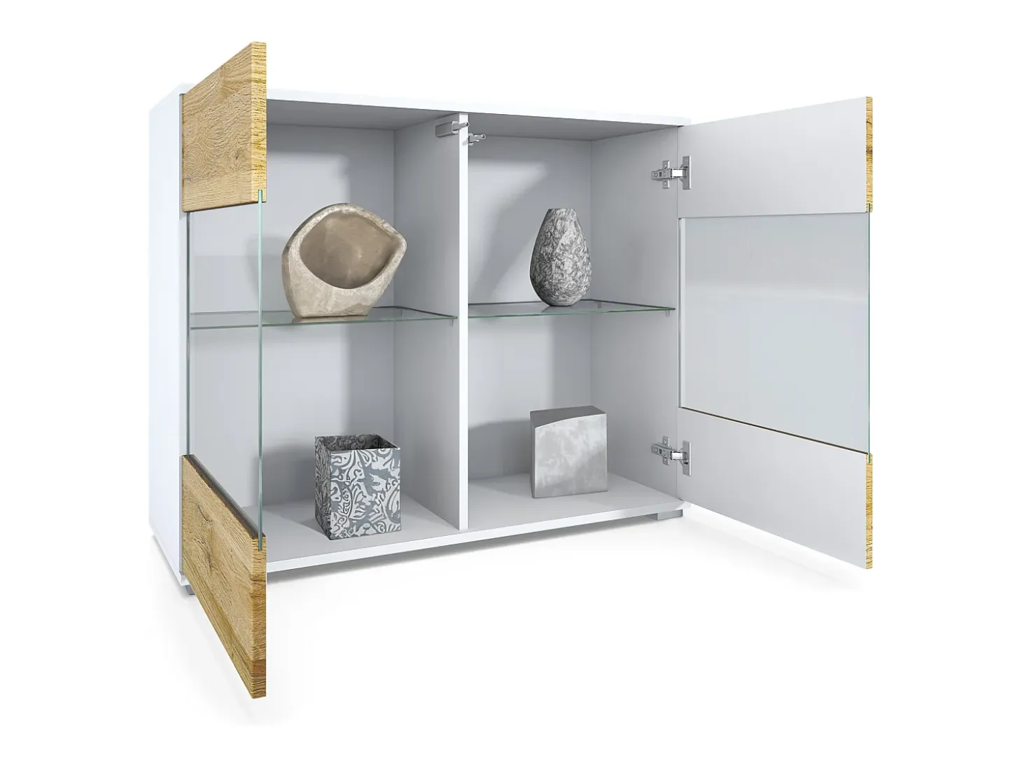 Cómoda Bari V3, Moderno armario de cocina con 2 grandes puertas de cristal blanco mate / crema de alto brillo (92,5 x 75.5 x 35)