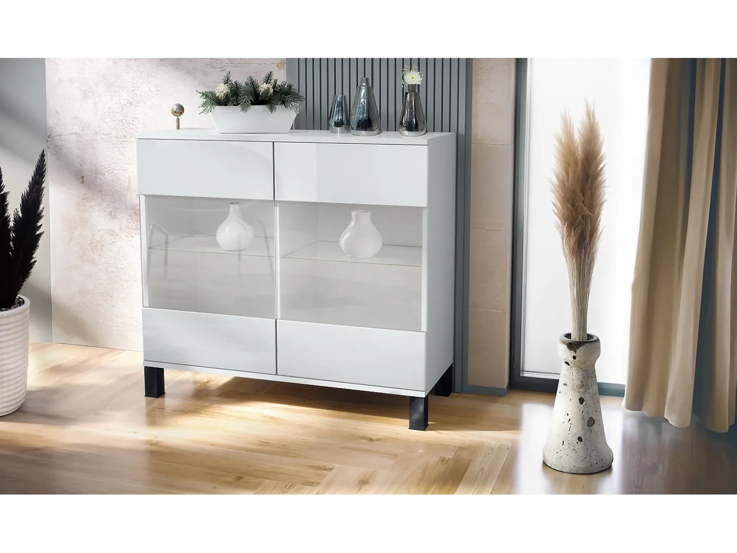 Cómoda Bari V3, Moderno armario de cocina con 2 grandes puertas de cristal blanco mate / blanco de alto brillo (92,5 x 84.5 x 35)