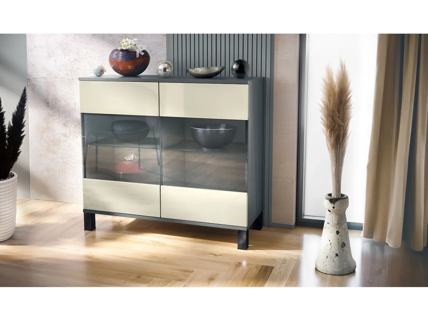Cómoda Bari V3, Moderno armario de cocina con 2 grandes puertas de cristal antracita mate / crema de alto brillo (92,5 x 84.5 x 35)
