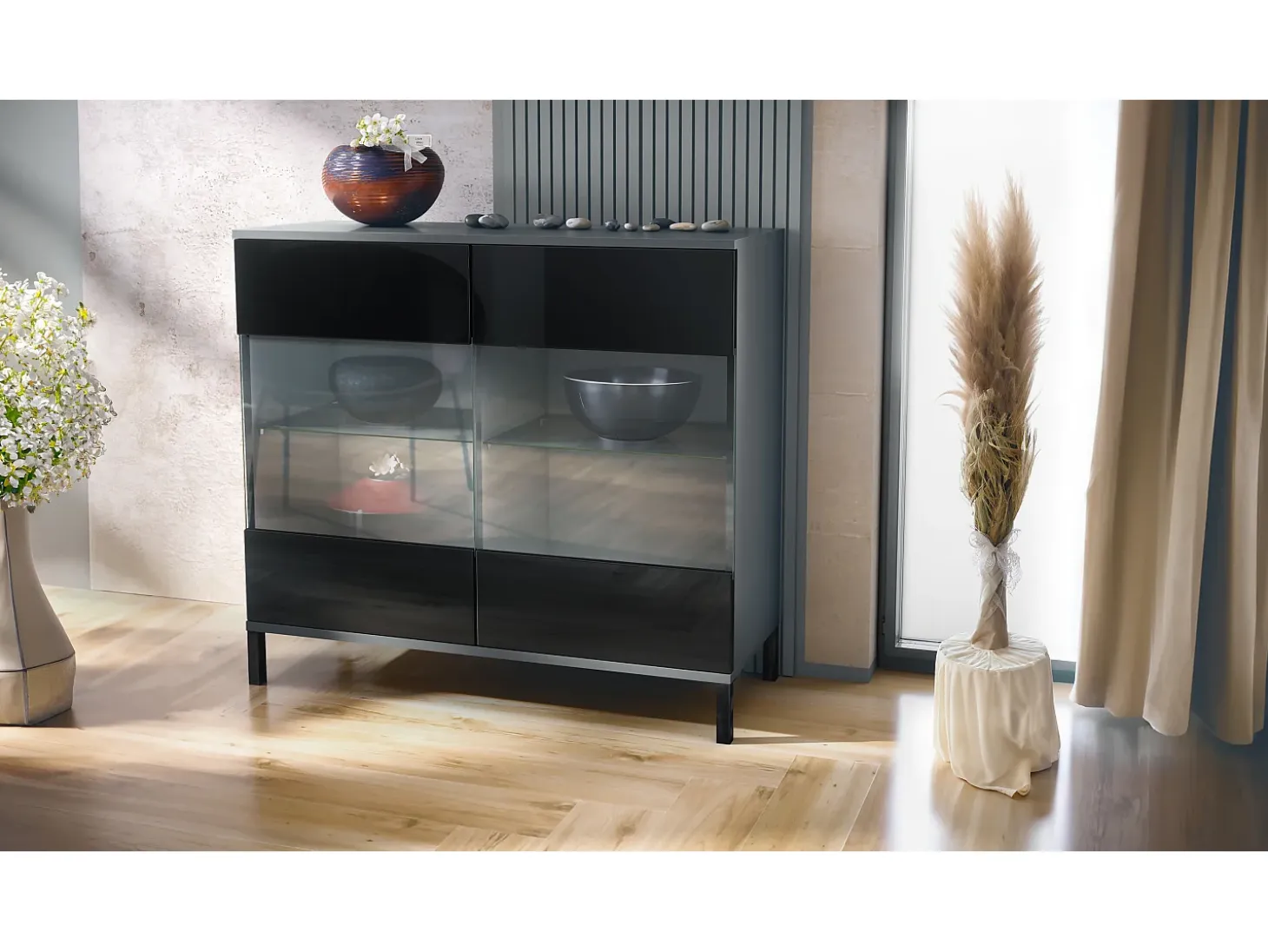 Cómoda Bari V3, Moderno armario de cocina con 2 grandes puertas de cristal antracita mate / negro de alto brillo (92,5 x 83.5 x 35)
