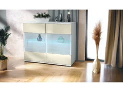Cómoda Bari V3, Moderno armario de cocina con 2 grandes puertas de cristal incl. iluminación RGB blanco mate / crema de alto brillo (92,5 x 75.5 x 35)