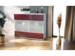 Cómoda Bari V3, Moderno armario de cocina con 2 grandes puertas de cristal blanco mate / burdeos de alto brillo (92,5 x 75.5 x 35)