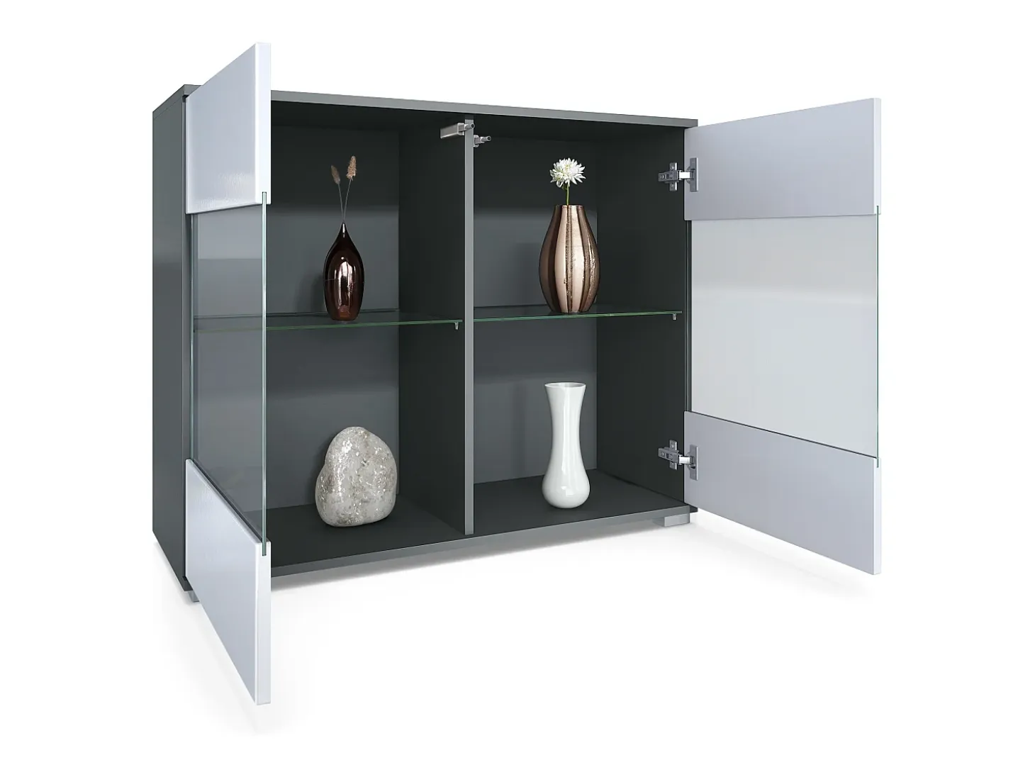 Cómoda Bari V3, Moderno armario de cocina con 2 grandes puertas de cristal incl. iluminación RGB antracita mate / gris arena de alto brillo (92,5 x 75.5 x 35)