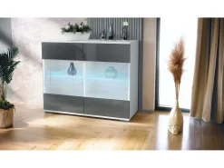 Cómoda Bari V3, Moderno armario de cocina con 2 grandes puertas de cristal incl. iluminación RGB blanco mate / gris de alto brillo (92,5 x 75.5 x 35)