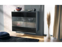 Cómoda Bari V3, Moderno armario de cocina con 2 grandes puertas de cristal antracita mate / negro de alto brillo (92,5 x 73.5 x 35)