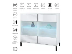 Cómoda Bari V3, Moderno armario de cocina con 2 grandes puertas de cristal incl. iluminación RGB blanco mate / burdeos de alto brillo (92,5 x 83.5 x 35)
