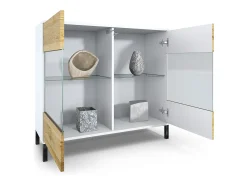 Cómoda Bari V3, Moderno armario de cocina con 2 grandes puertas de cristal incl. iluminación RGB blanco mate / burdeos de alto brillo (92,5 x 83.5 x 35)