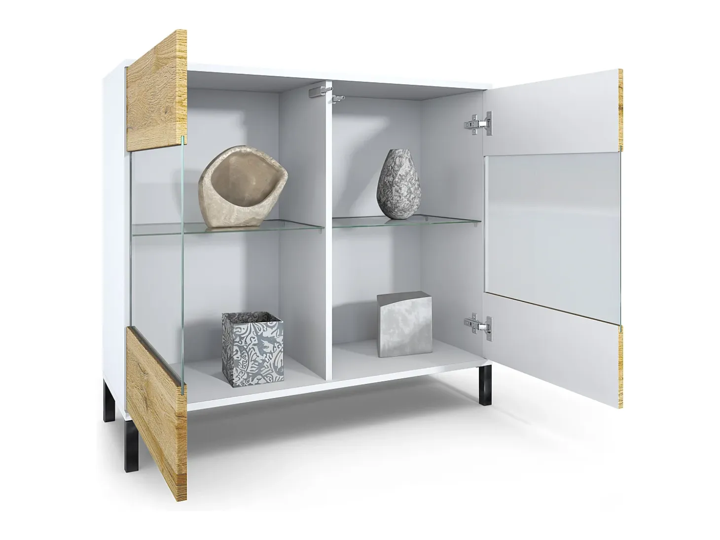 Cómoda Bari V3, Moderno armario de cocina con 2 grandes puertas de cristal incl. iluminación RGB blanco mate / burdeos de alto brillo (92,5 x 83.5 x 35)