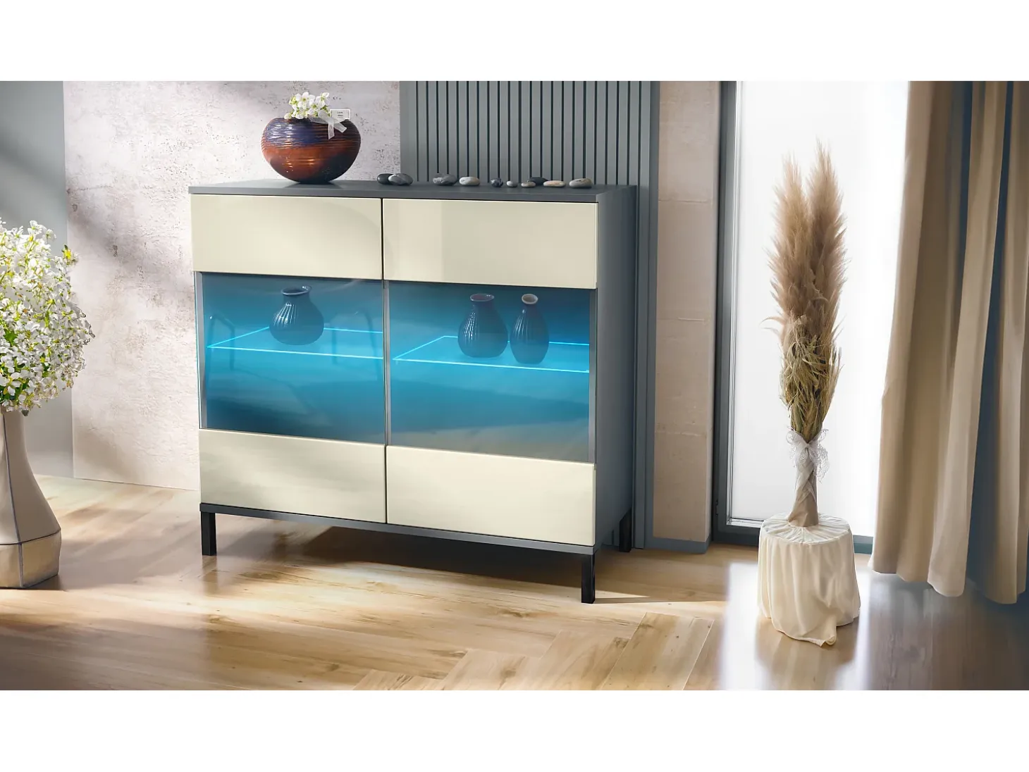 Cómoda Bari V3, Moderno armario de cocina con 2 grandes puertas de cristal incl. iluminación RGB antracita mate / crema de alto brillo (92,5 x 83.5 x 35)