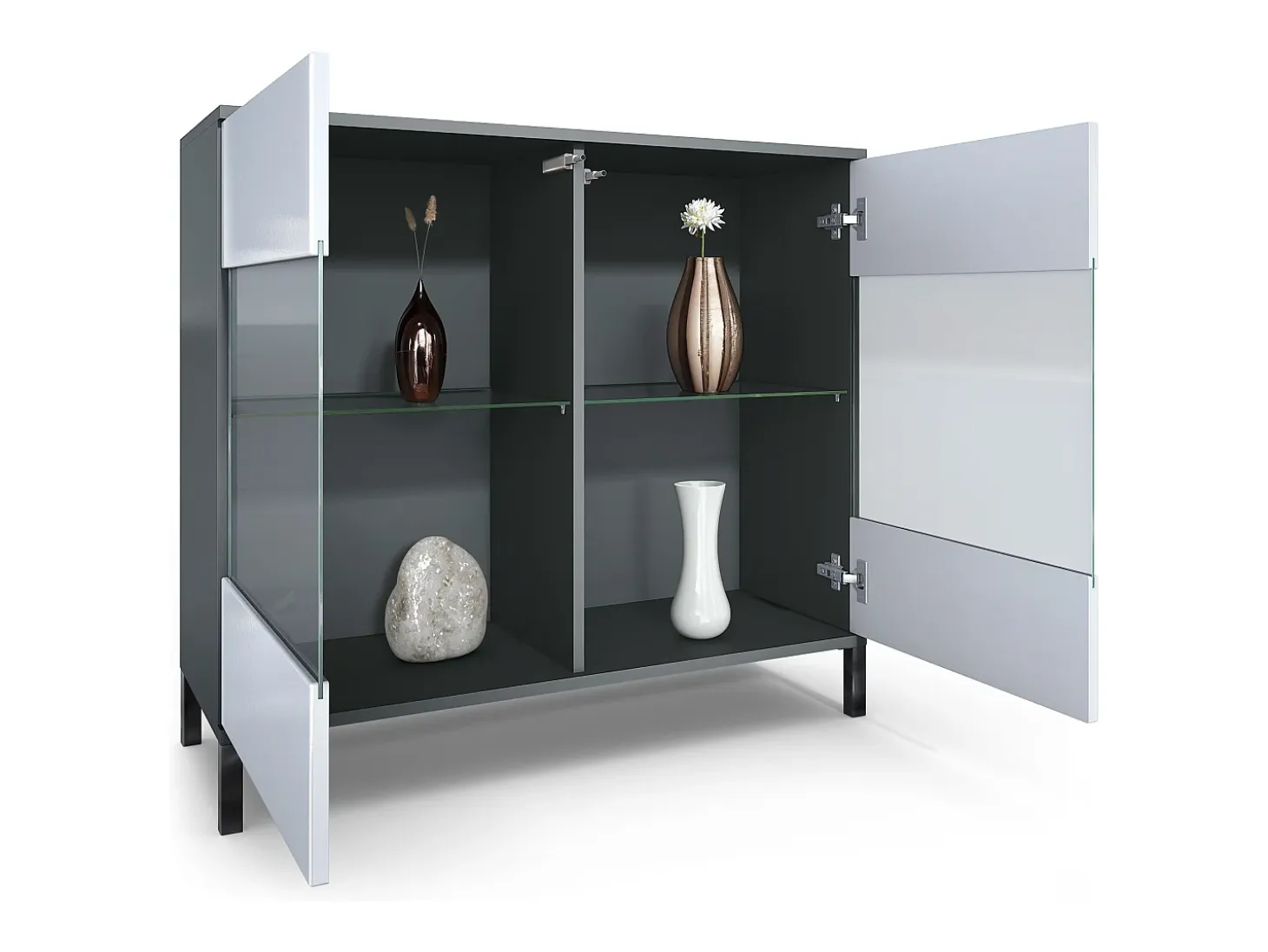 Cómoda Bari V3, Moderno armario de cocina con 2 grandes puertas de cristal incl. iluminación RGB antracita mate / crema de alto brillo (92,5 x 83.5 x 35)