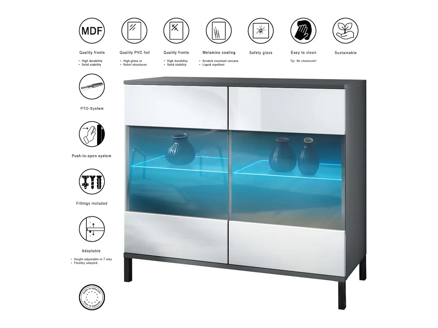 Cómoda Bari V3, Moderno armario de cocina con 2 grandes puertas de cristal incl. iluminación RGB antracita mate / crema de alto brillo (92,5 x 83.5 x 35)