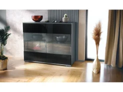 Cómoda Bari V3, Moderno armario de cocina con 2 grandes puertas de cristal antracita mate / negro de alto brillo (92,5 x 75.5 x 35)