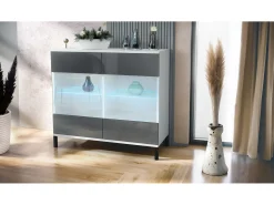 Cómoda Bari V3, Moderno armario de cocina con 2 grandes puertas de cristal incl. iluminación RGB blanco mate / gris de alto brillo (92,5 x 83.5 x 35)