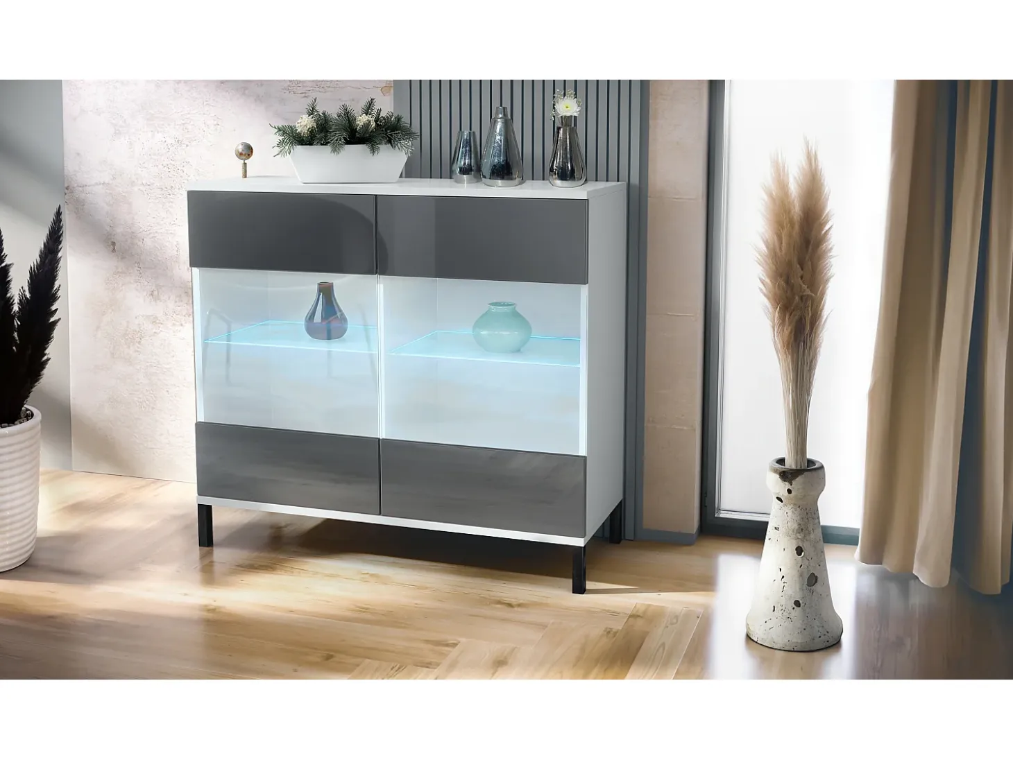 Cómoda Bari V3, Moderno armario de cocina con 2 grandes puertas de cristal incl. iluminación RGB blanco mate / gris de alto brillo (92,5 x 83.5 x 35)