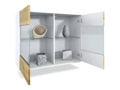 Cómoda Bari V3, Moderno armario de cocina con 2 grandes puertas de cristal incl. iluminación RGB blanco mate / crema de alto brillo (92,5 x 73.5 x 35)
