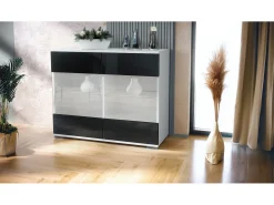 Cómoda Bari V3, Moderno armario de cocina con 2 grandes puertas de cristal blanco mate / negro de alto brillo (92,5 x 75.5 x 35)