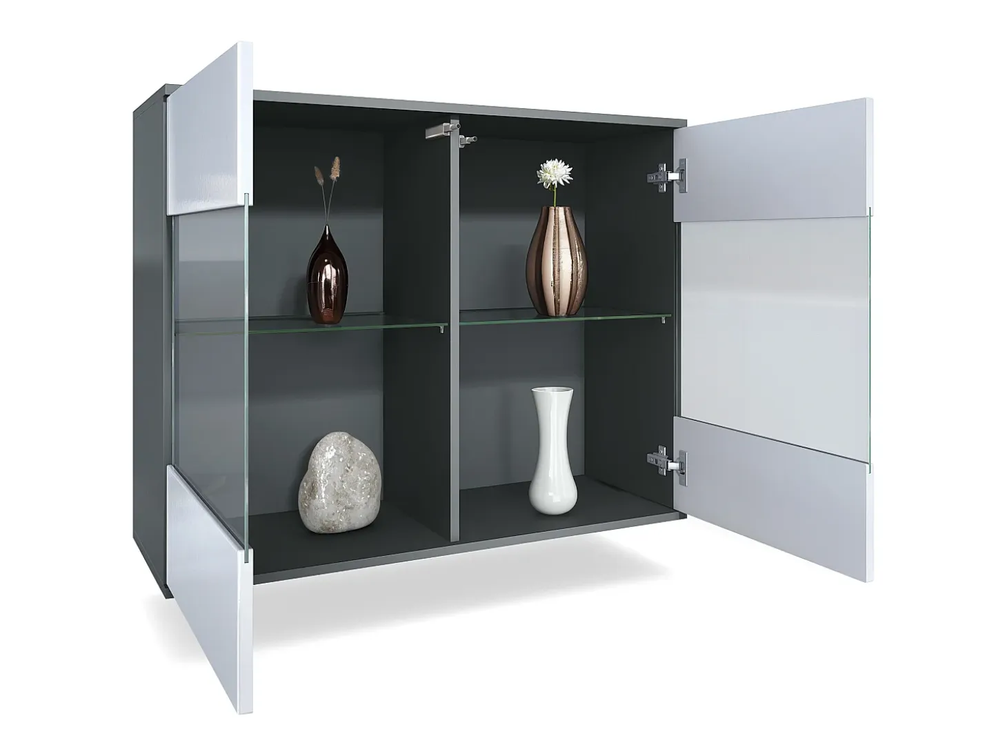 Cómoda Bari V3, Moderno armario de cocina con 2 grandes puertas de cristal incl. iluminación RGB antracita mate / burdeos de alto brillo (92,5 x 73.5 x 35)