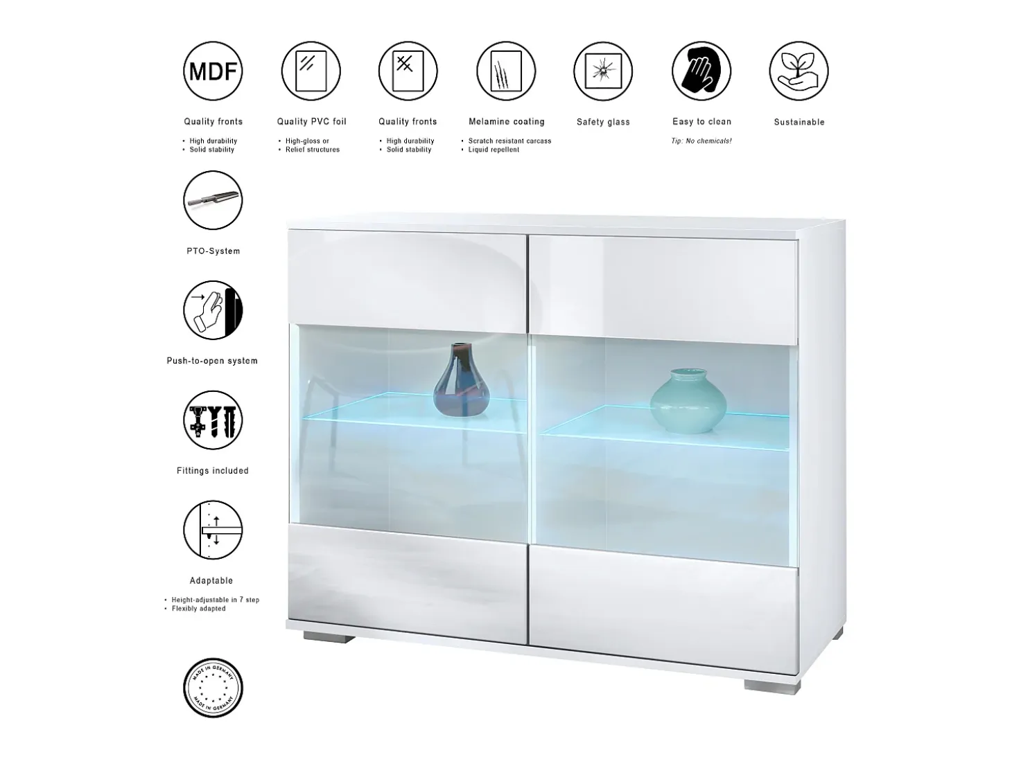 Cómoda Bari V3, Moderno armario de cocina con 2 grandes puertas de cristal incl. iluminación RGB blanco mate / blanco de alto brillo (92,5 x 75.5 x 35)