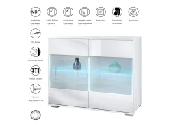 Cómoda Bari V3, Moderno armario de cocina con 2 grandes puertas de cristal incl. iluminación RGB blanco mate / burdeos de alto brillo (92,5 x 75.5 x 35)